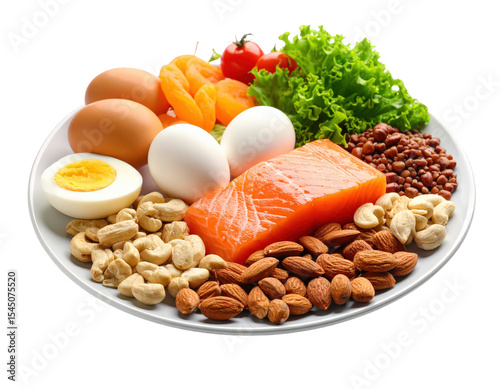 Healthy protein rich meal with fresh eggs salmon vegetables nuts and legumes on white ceramic plate for balanced diet and nutrition