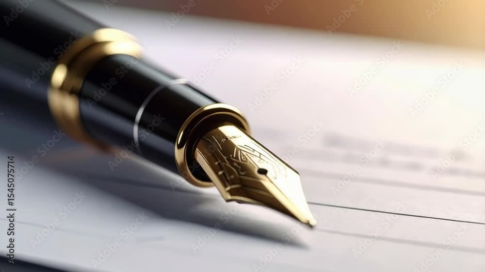 Close-up of a sleek black and gold fountain pen resting on a document with neat lines on crisp, bright white paper in a dimly lit area.