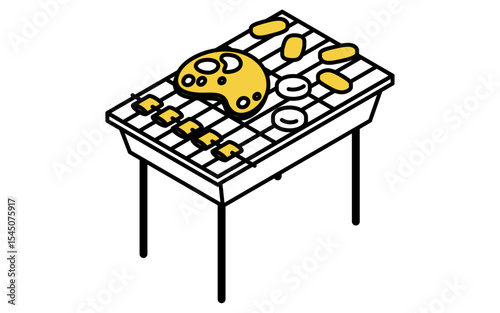 Isometric line art illustration of a barbecue grill with ingredients, simple summer outdoor cooking icon