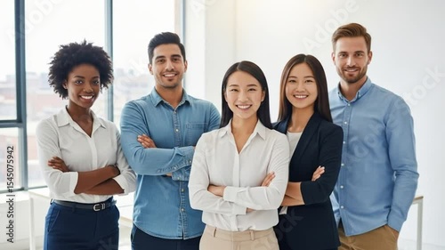 Smiling business team posing together in a bright office environment.