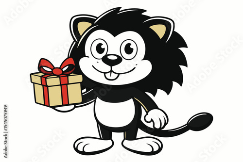 A cheerful cartoon lion presents a wrapped gift adorned with a bright red ribbon