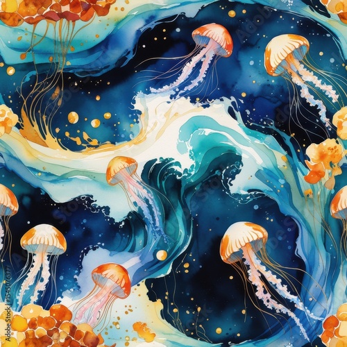 Watercolor Jellyfish Seamless Pattern: Ocean, Underwater, Sea Life