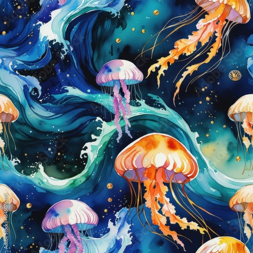 Watercolor Jellyfish Seamless Pattern, Oceanic Underwater Scene