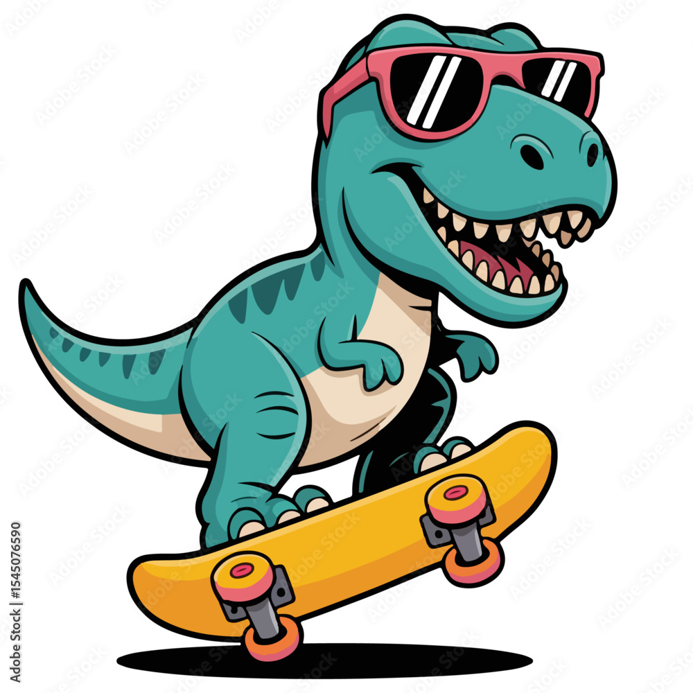 Fototapeta premium Dinosaur Skateboarding Clipart T-Rex baby dnosaur cute cartoon vector with sunglass.