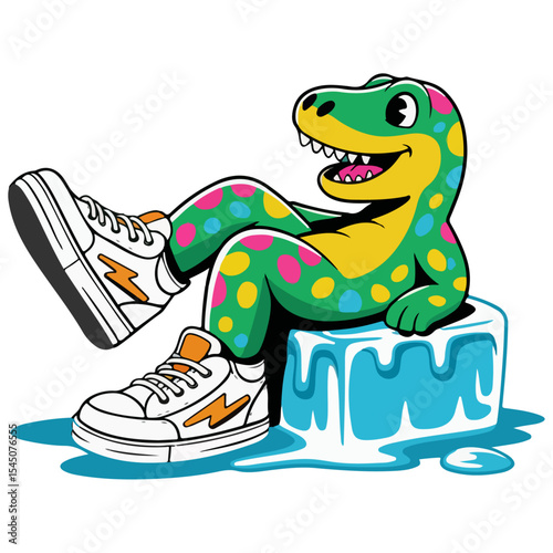 Funny Ice Dinosaur Comic Design on White Background
