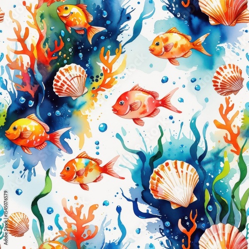 Watercolor Seamless Pattern with Tropical Fish, Seashells and Coral