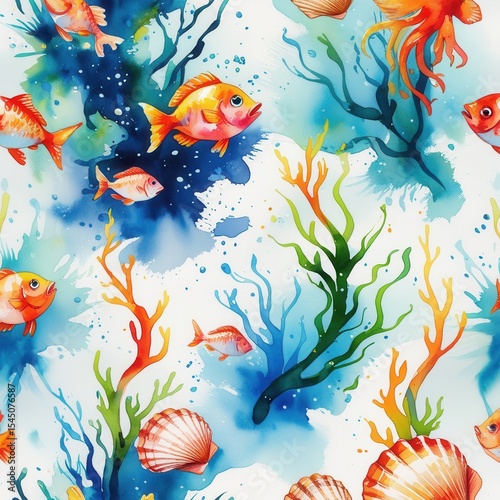 Watercolor Underwater World Seamless Pattern with Fish and Coral Reef