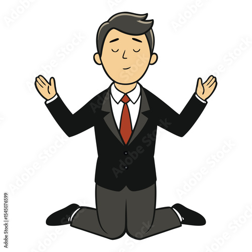 Silhouette of a businessman in a suit on his knees and begging with raised arms on white background