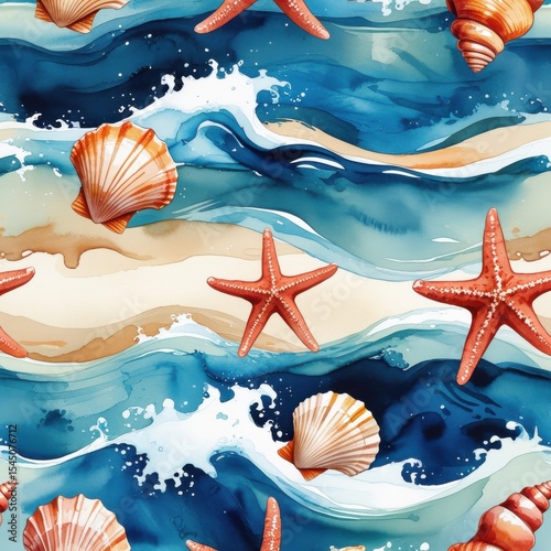 Watercolor Sea Pattern with Starfish, Seashells and Waves