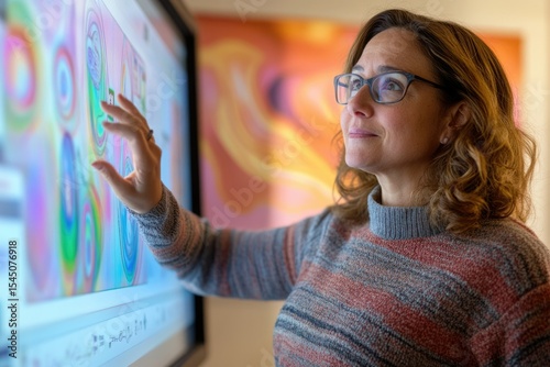 Woman interacts with a large touchscreen displaying abstract data visualizations, likely for analysis or presentation.