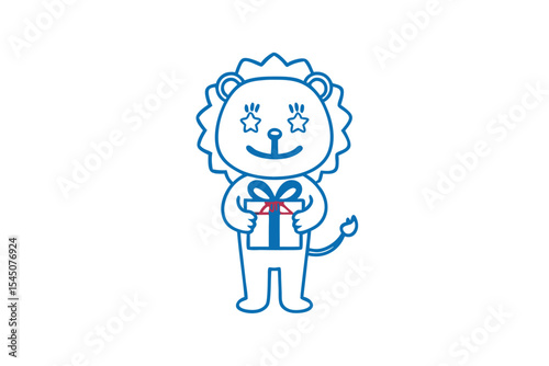 Cartoon lion presents a gift having star eyes, outlined in blue on a white background