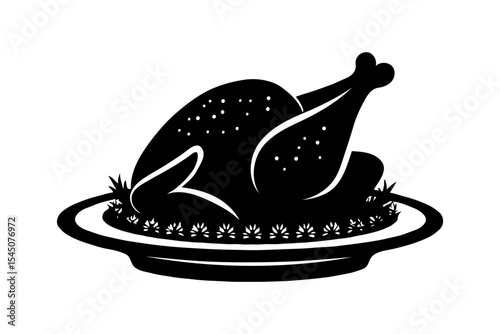 Whole roasted turkey shown in black silhouette style on white background, served on a round platter with garnish, symbolizing festive meal