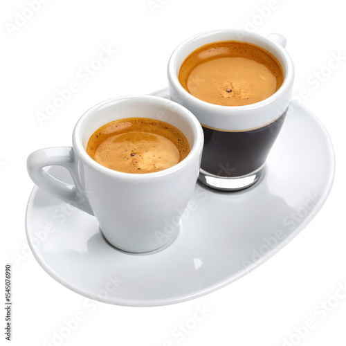 Two cups of espresso coffee with rich crema on a white oval plate, close-up view of hot caffeinated beverages served in white and black ceramic cups