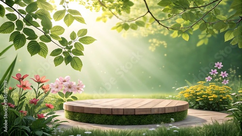 Wooden round platform in a sunny spring garden with blooming flowers