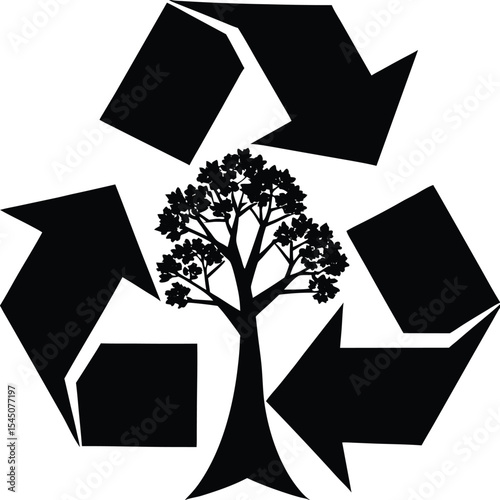 Recycle icon vector silhouette illustration Tree Growing Inside Recycle Triangle Symbol