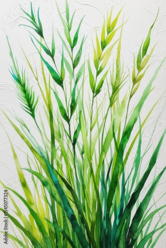 Watercolor Green Grass on White Textured Background, Artistic Botanical Illustration
