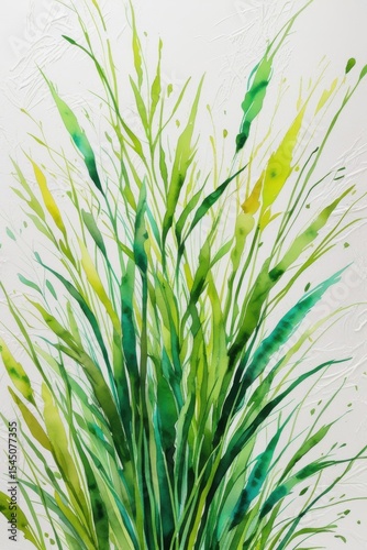 Watercolor painting of green grass on textured white background