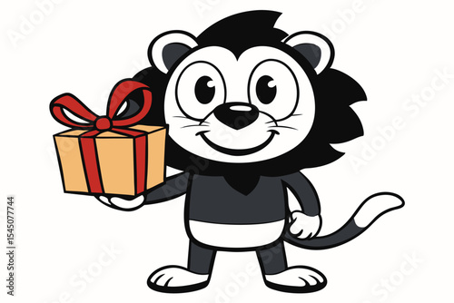 Cartoon lion happily presents an orange gift box with a red ribbon for celebrations