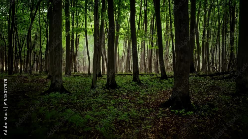 Atmospheric forest scene with tall trees, green ground cover, and a lit candle in the foreground providing light