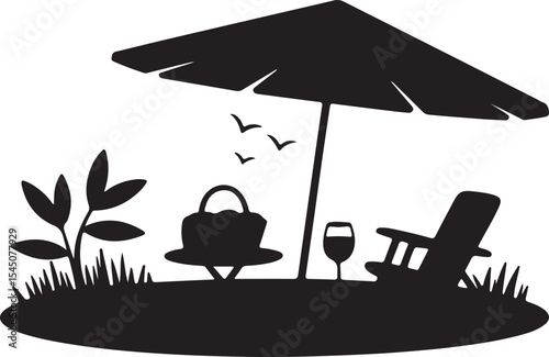 Relaxing Beach Picnic Silhouette Umbrella, Chair, Wine, and Basket