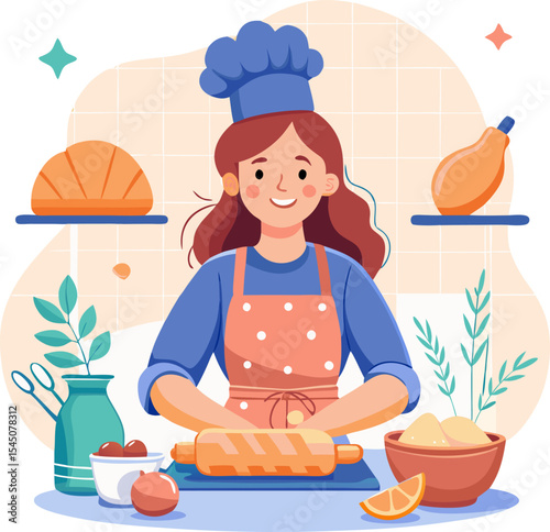 Cheerful female character preparing dough use rolling pin in the kitchen. Happy woman is cooking croissant with jam filling. Concept of homemade baking. Flat cartoon vector