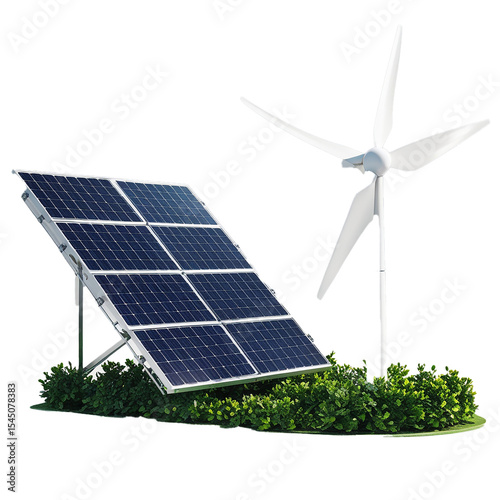Solar panel and wind turbine representing clean energy and sustainability