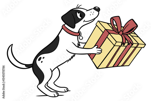 Cartoon canine with black spots on white fur carries festive ribbonwrapped gift box