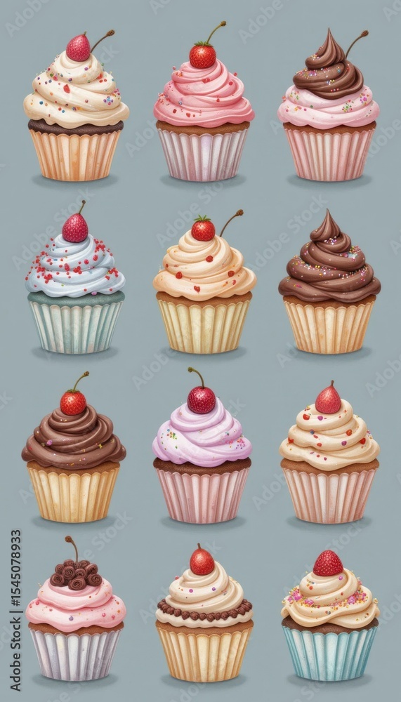 Variety of Decorated Cupcakes with Cherries, Delicious Dessert, Sweet Treats Variety of Decorated Cupcakes with Cherries, Delicious Dessert, Sweet Treats
