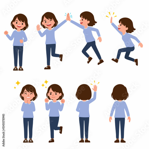 Joyful Gestures: Diverse illustrations of a cheerful individual engaging in a range of animated actions. Expressing happiness, positivity.