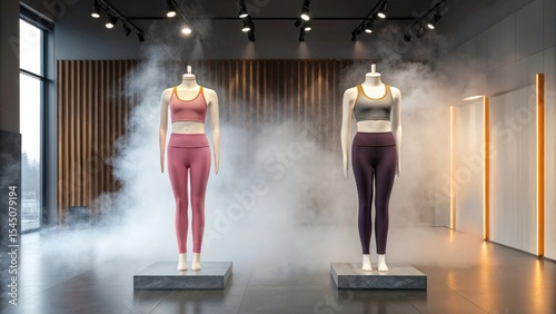 Wallpaper Mural Two mannequins display athletic wear in a stylish, smoky retail space with modern decor and dramatic lighting, emphasizing fashion and fitness. Torontodigital.ca