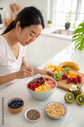 Wallpaper Mural A woman prepares a healthy fruit bowl in a modern kitchen, surrounded by various colorful fruits and ingredients. Torontodigital.ca