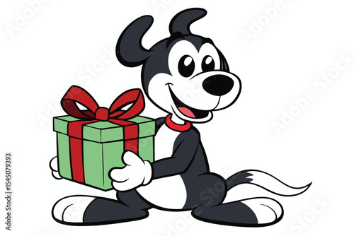 Animated cartoon dog happily carries a light green gift box with a red bow
