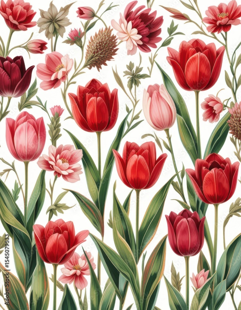 Obraz premium Beautiful Floral Pattern: Red Tulips, Flowers and Greenery on White