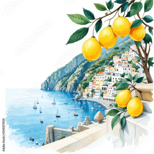 Watercolor Lemons, Positano Coast, Italy, Summer Travel Illustration