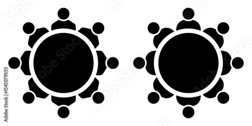 Black round table meeting icon with people silhouettes. Business conference teamwork concept, group collaboration symbol for corporate and communication themes, isolated vector illustration.