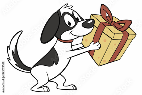 Cartoon canine happily carries a wrapped tan gift with a red ribbon and bow