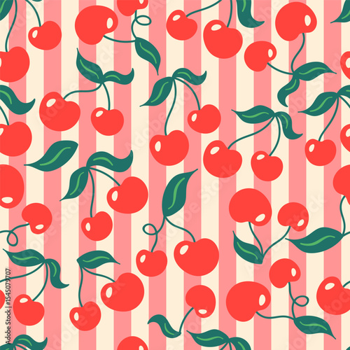 Summer seamless pattern design with cute cherries and striped pattern. Childish print for wrapping paper, packaging, background and fabric