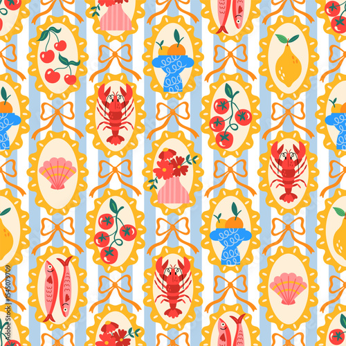 Summer seamless pattern design with cute  mediterranean elements and striped pattern. Childish print for wrapping paper, packaging, background and fabric