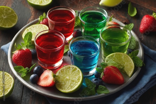 Colorful jelly shots served on a silver tray with fresh fruit garnishes during a summer gathering