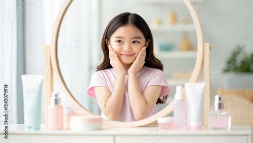Wallpaper Mural A young girl smiles while applying skincare products in front of a mirror, surrounded by various beauty items in a bright, cozy setting. Torontodigital.ca