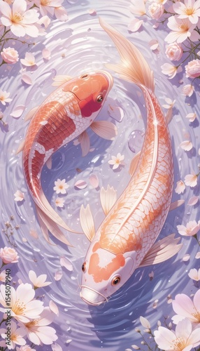 Artistic Koi Fish and Floral Pond with Petals, Watercolor Style Illustration