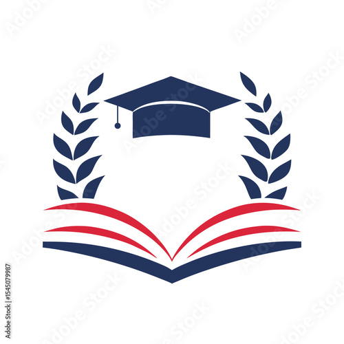 Graduation Cap Laurel Wreath Open Book Red Blue Academic Achievement Emblem Design