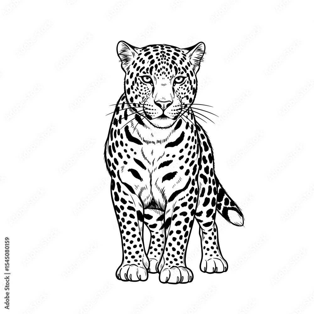 Naklejka premium Black and white illustration of a leopard standing confidently on transparent background