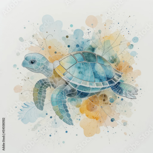 Watercolor Sea Turtle Illustration with Abstract Elements