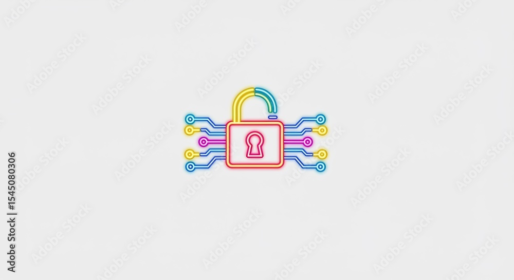 Fototapeta premium Abstract Neon Padlock with Circuit Lines Digital Security Concept