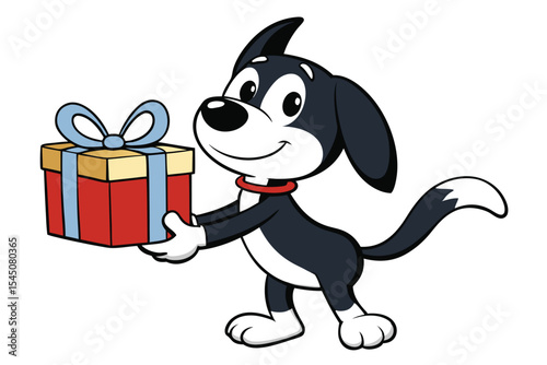 Cartoon dog with red collar is happily presenting a wrapped gift box