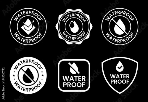 Waterproof icons set design, water resistant signs, liquid proof protection white on black background