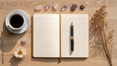 Wallpaper Mural A serene workspace featuring an open notebook with a pen, a cup of coffee, crystals, and dried flowers on a wooden surface. Torontodigital.ca
