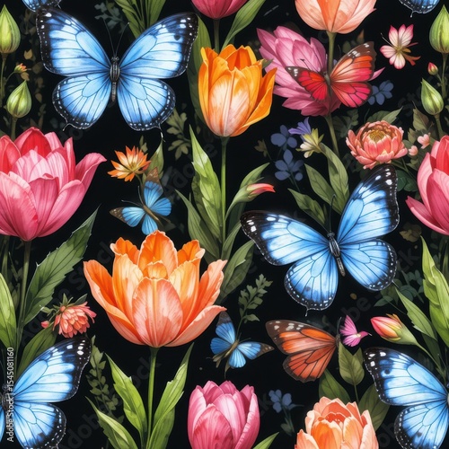 Watercolor Floral Pattern with Blue Butterflies and Colorful Flowers