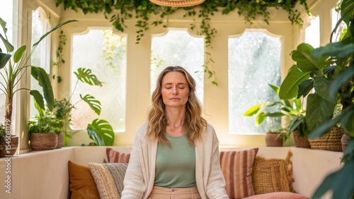 Wallpaper Mural A woman meditating in a sunlit room filled with plants, creating a serene and peaceful atmosphere for relaxation and mindfulness. Torontodigital.ca